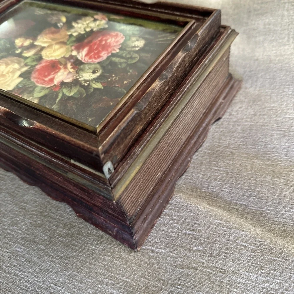 Vintage 1940s Wooden Trinket Jewelry Stationary Box W Mirror Floral Design
